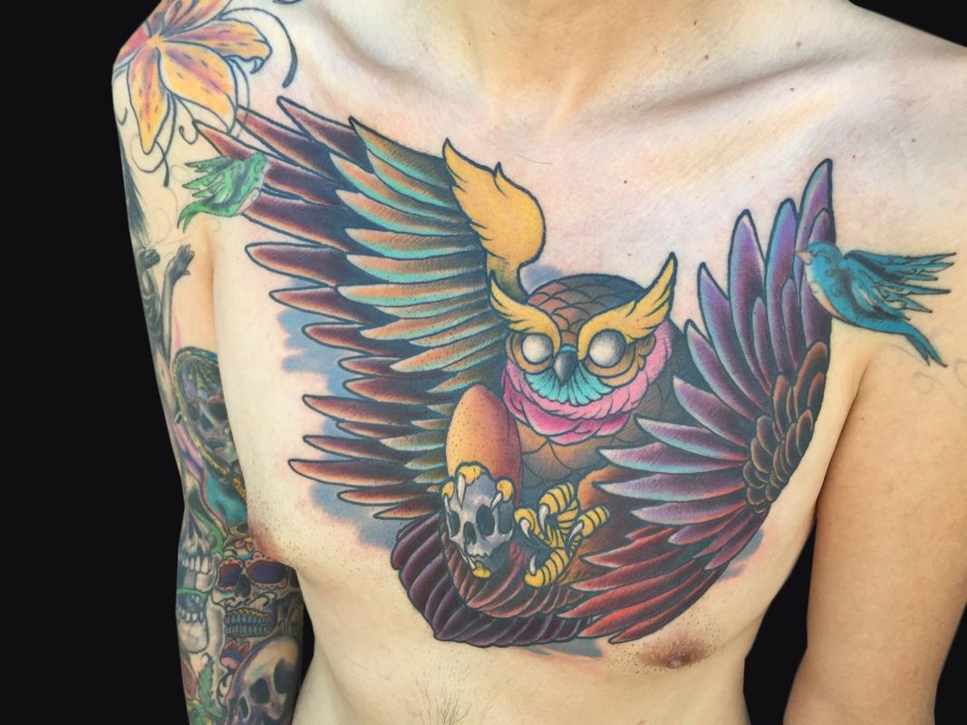 Owl Chest Piece by Rudy Lopez Tattoos